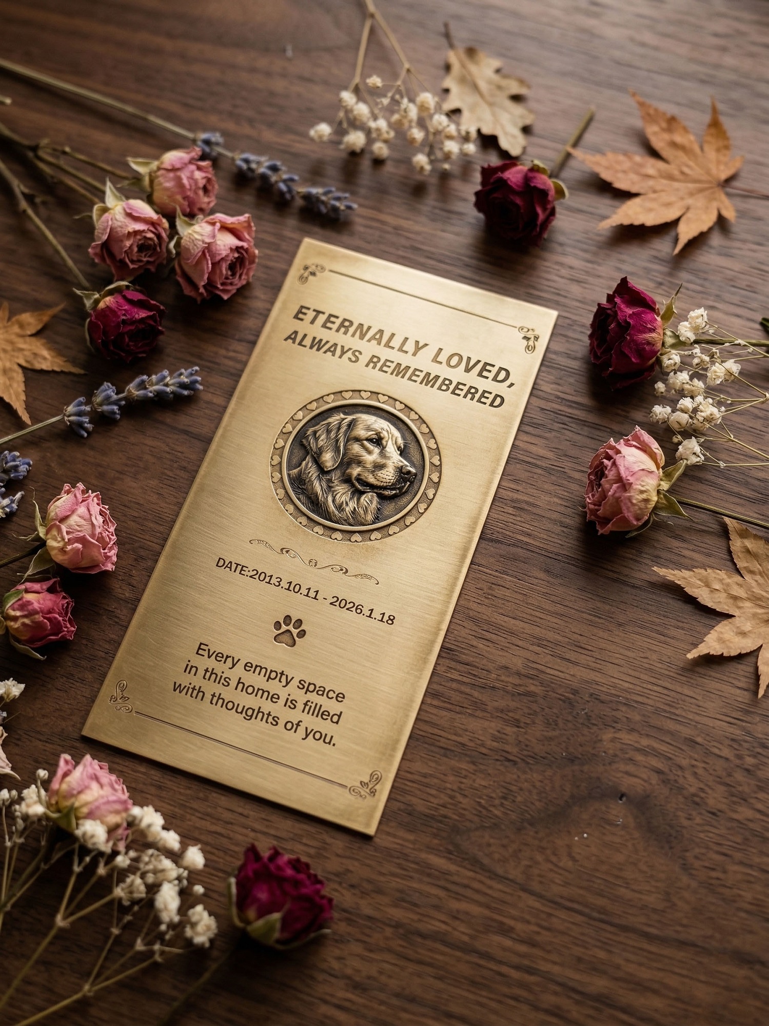 Wooden frame dried Flowers with custom engraved brass pet momorial plaque.