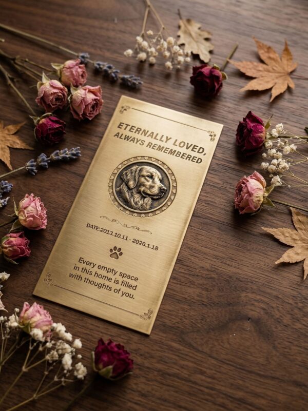 Wooden frame+dried Flowers with custom engraved brass pet momorial plaque.