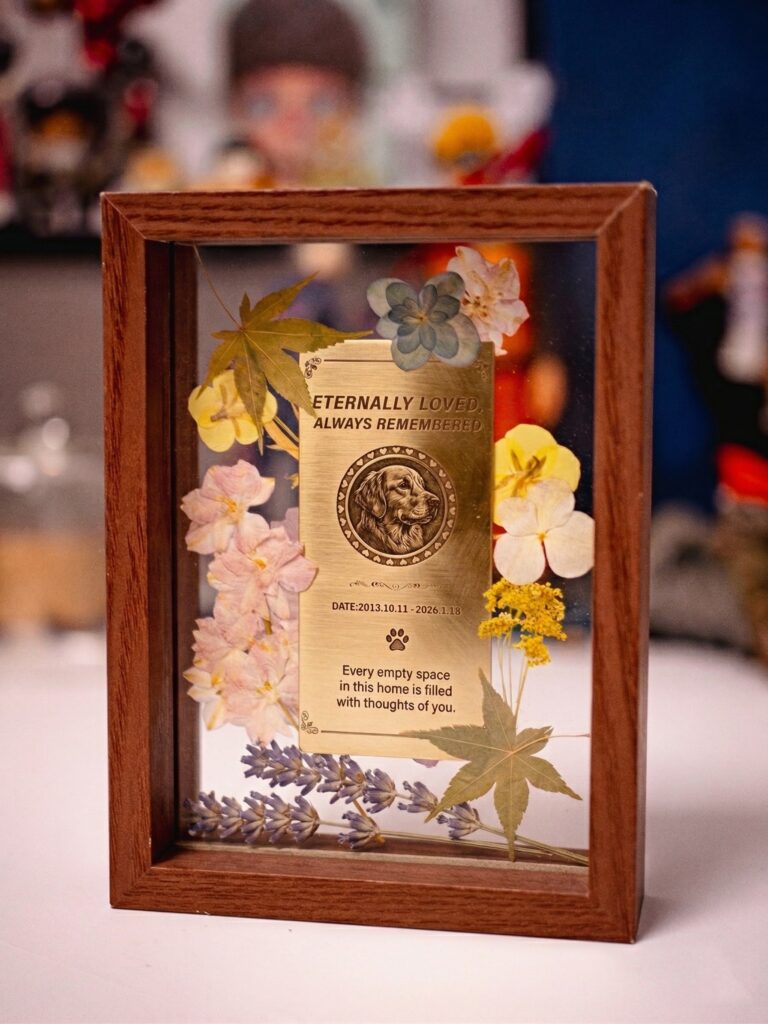 Wooden frame+dried Flowers with custom engraved brass pet momorial plaque.