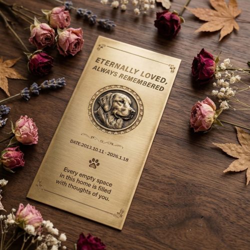 Wooden frame dried Flowers with custom engraved brass pet momorial plaque.